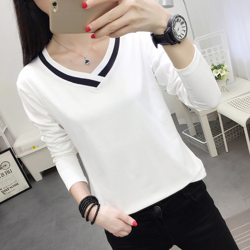 Women Loose Long Sleeve V-Neck T -Shirt Plus Size Black White