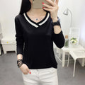 Women Loose Long Sleeve V-Neck T -Shirt Plus Size Black White