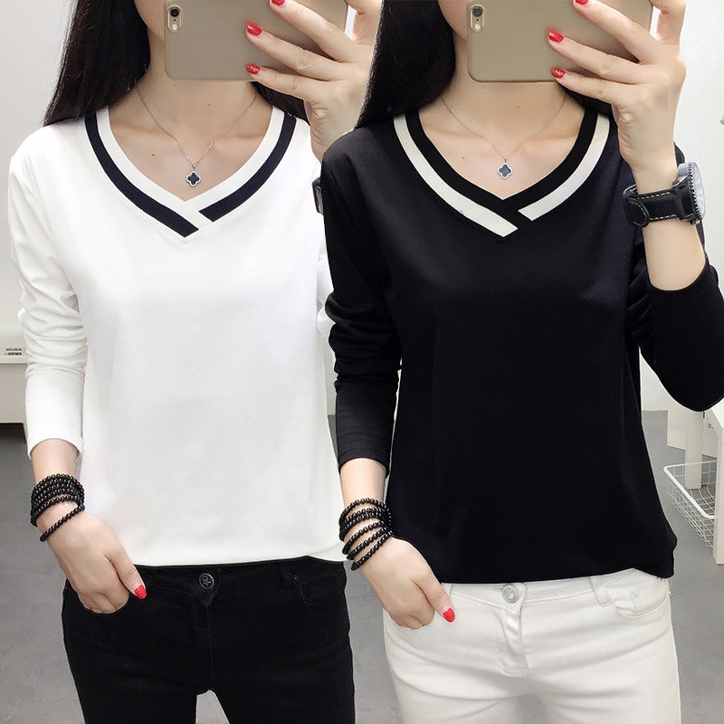 Women Loose Long Sleeve V-Neck T -Shirt Plus Size Black White